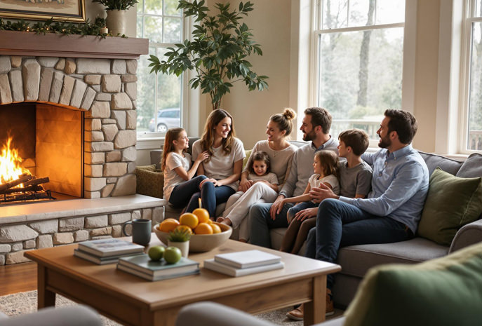 Familie sitzt gemütlich vor einem Kamin in einem stilvollen Wohnzim