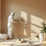 Mann im Schutzanzug und mit Atemmaske trägt Farbe mit einer Farbrolle auf eine Wand auf, umweltfreundliche Maltechniken anwenden in einem sonnendurchfluteten Raum mit grünen Pflanzen und natürlicher Atmosphäre.