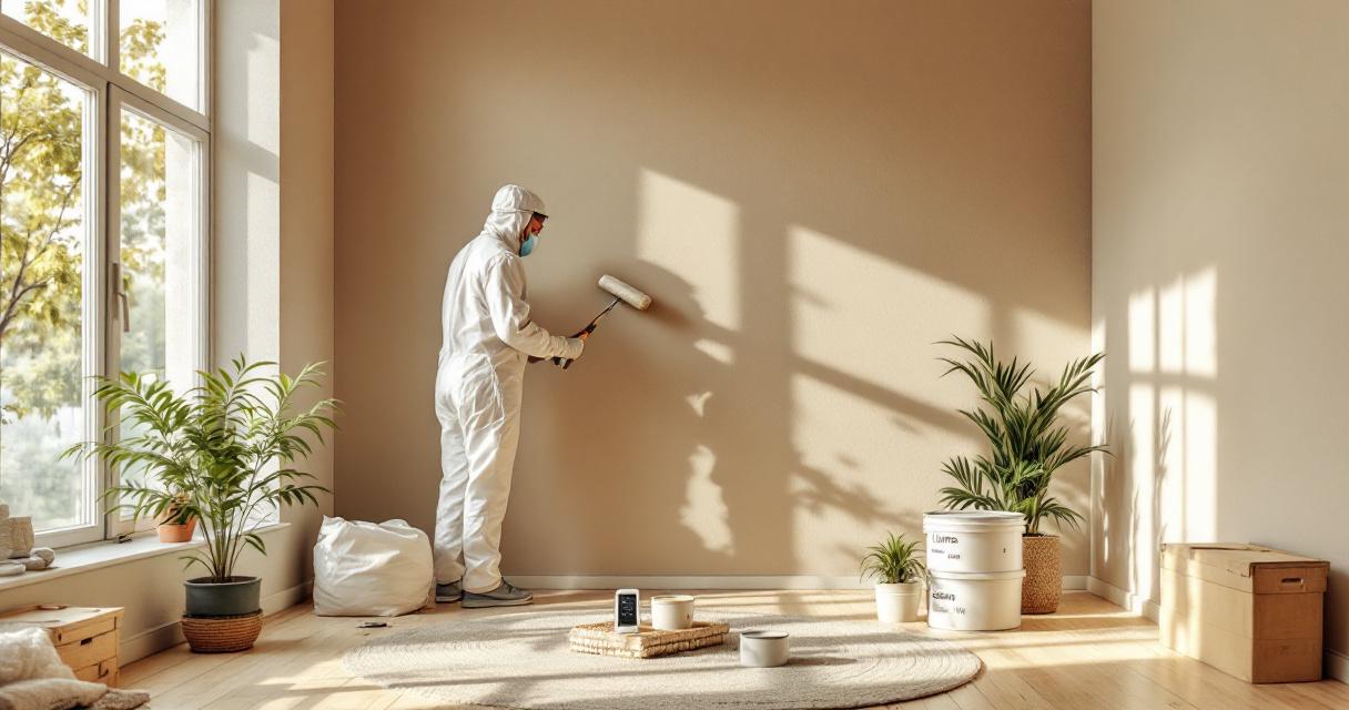 Mann im Schutzanzug und mit Atemmaske trägt Farbe mit einer Farbrolle auf eine Wand auf, umweltfreundliche Maltechniken anwenden in einem sonnendurchfluteten Raum mit grünen Pflanzen und natürlicher Atmosphäre.