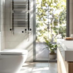 Helles modernes Badezimmer mit großer Pflanze, weißer Toilette, Waschtisch mit Edelstahlarmatur und spiegel, durch eine Glaswand fällt Tageslicht, Beispiel für umweltfreundliche Sanitärlösungen Zuhause.