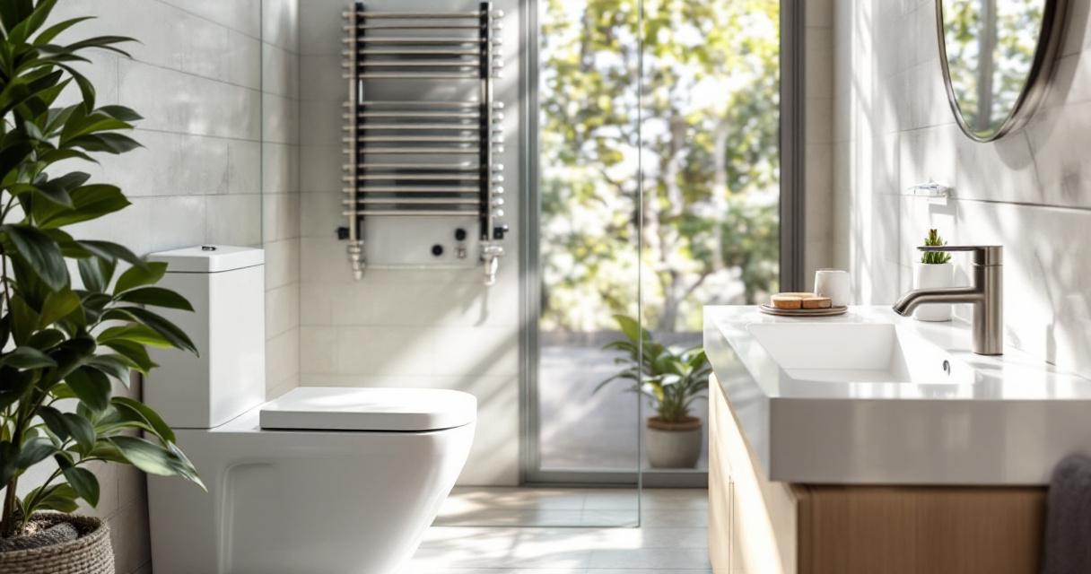 Helles modernes Badezimmer mit großer Pflanze, weißer Toilette, Waschtisch mit Edelstahlarmatur und spiegel, durch eine Glaswand fällt Tageslicht, Beispiel für umweltfreundliche Sanitärlösungen Zuhause.