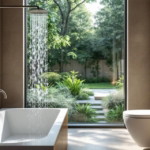 Modernes Badezimmer mit offener Dusche über einer Badewanne, großem Fenster mit Blick auf einen grünen Garten und eleganten Armaturen als umweltfreundliche wasserinstallation für badezimmer.