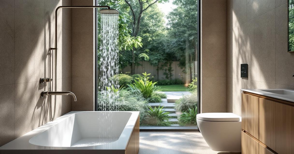 Modernes Badezimmer mit offener Dusche über einer Badewanne, großem Fenster mit Blick auf einen grünen Garten und eleganten Armaturen als umweltfreundliche wasserinstallation für badezimmer.