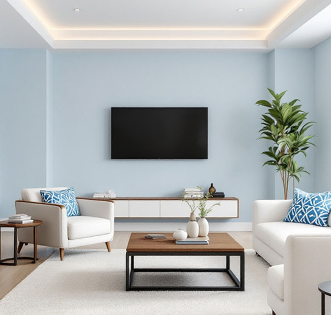 Unsere vorteile stilvoller Wohnbereich mit Fernseher und minimalistischer Dekoration