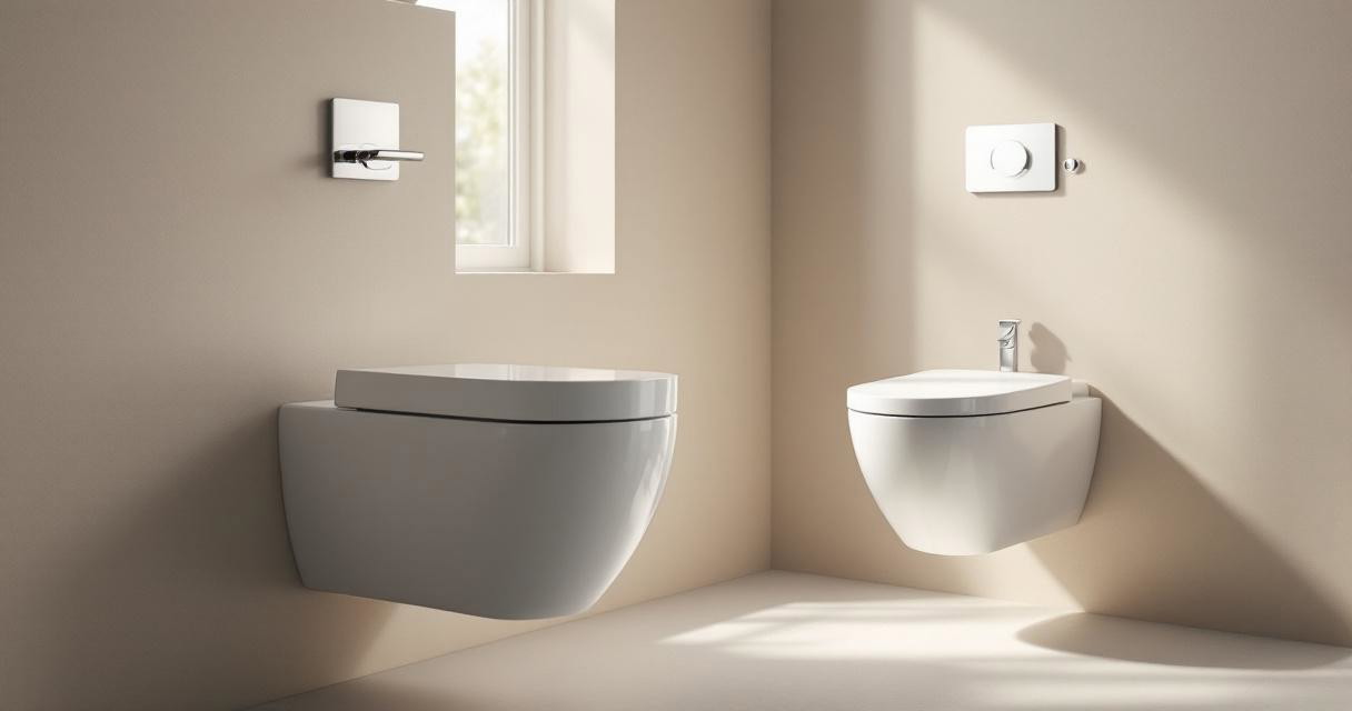 Modernes Badezimmer mit zwei wandhängenden weißen WCs in einer hellen, minimalistischen Ecke, die optimale Raumnutzung und Hygiene versprechen, Vakuumtoilette wassersparend installieren.