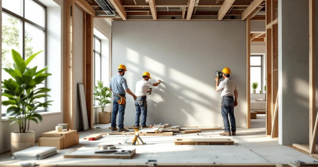 Drei Handwerker mit Schutzhelmen führen im Inneren eines Hauses Renovierungsarbeiten durch, wobei eine Wand vermessen und bearbeitet wird, unterstützt von verstreutem Baumaterial und Werkzeugen, symbolisch für den Prozess Wände entfernen einziehen.