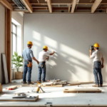 Drei Handwerker mit Schutzhelmen führen im Inneren eines Hauses Renovierungsarbeiten durch, wobei eine Wand vermessen und bearbeitet wird, unterstützt von verstreutem Baumaterial und Werkzeugen, symbolisch für den Prozess Wände entfernen einziehen.