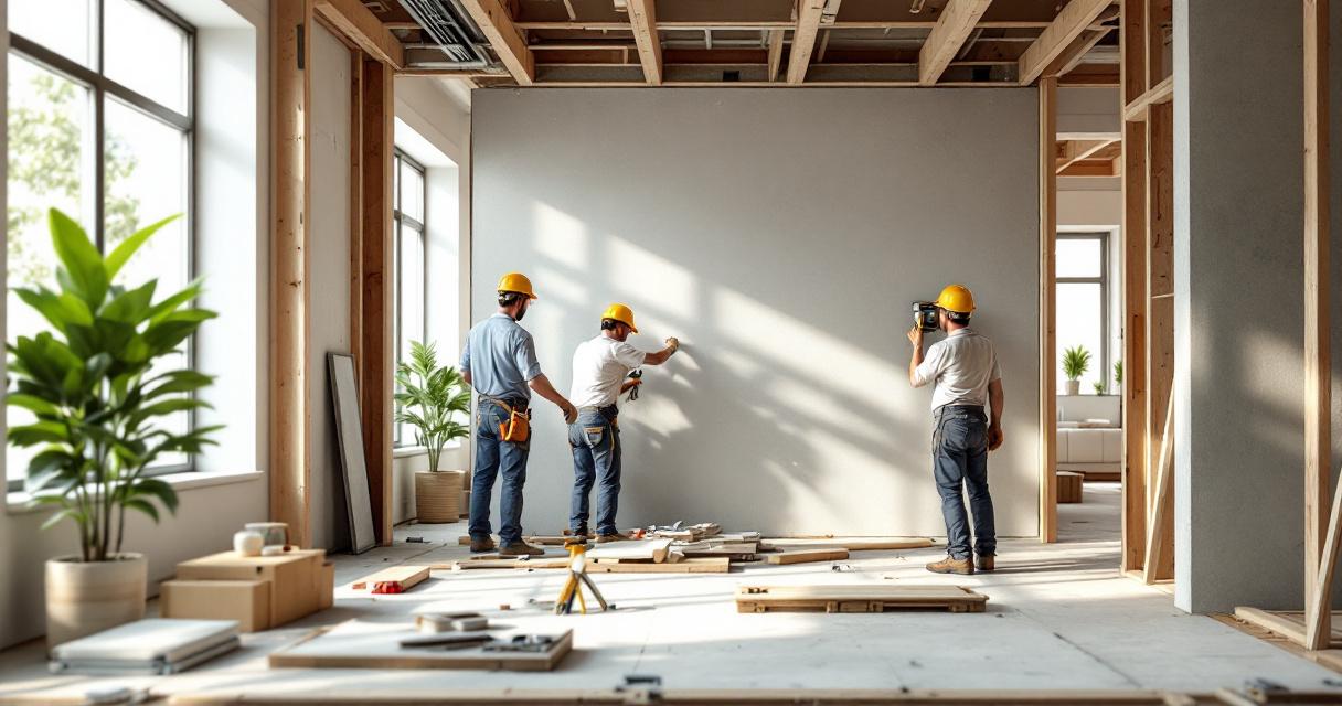 Drei Handwerker mit Schutzhelmen führen im Inneren eines Hauses Renovierungsarbeiten durch, wobei eine Wand vermessen und bearbeitet wird, unterstützt von verstreutem Baumaterial und Werkzeugen, symbolisch für den Prozess Wände entfernen einziehen.