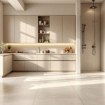 Helles, modernes Badezimmer mit bodenbündiger Dusche, Toilette und Pflanzen, gestaltet mit eleganten Wände mit Mikrozement in neutralen Tönen und viel natürlichem Licht.