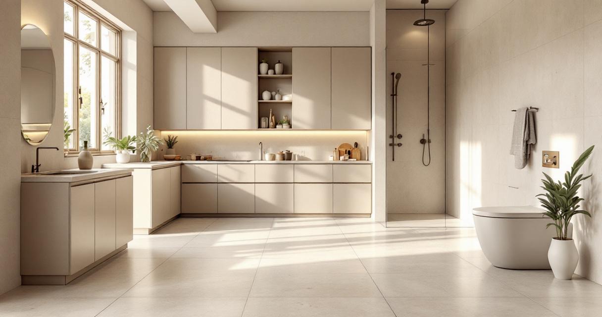 Helles, modernes Badezimmer mit bodenbündiger Dusche, Toilette und Pflanzen, gestaltet mit eleganten Wände mit Mikrozement in neutralen Tönen und viel natürlichem Licht.