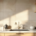 Moderne Küche mit minimalistischer Gestaltung, naturfarbenen Accessoires und einer klaren, rechteckigen Anordnung der Wandfliesen Design, die für eine dezente und elegante Atmosphäre sorgt.