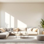 Helles, modern eingerichtetes Wohnzimmer mit großer grauer Eckcouch, runden Couchtisch und einer Topfpflanze vor großen Fenstern, das Interieur vermittelt Ruhe und Harmonie durch Wandgestaltung mit Farbpsychologie.