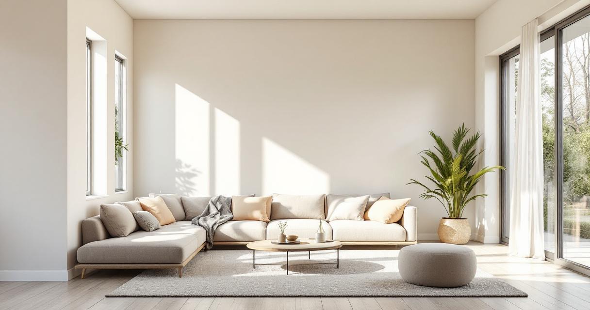 Helles, modern eingerichtetes Wohnzimmer mit großer grauer Eckcouch, runden Couchtisch und einer Topfpflanze vor großen Fenstern, das Interieur vermittelt Ruhe und Harmonie durch Wandgestaltung mit Farbpsychologie.