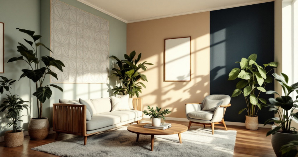 Wandgestaltung mit umweltfreundlicher Farbe in einem hellen Wohnzimmer mit Pflanzen, einer gemütlichen Couch und einem Holztisch, umgeben von Fensterlicht.
