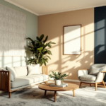 Wandgestaltung mit umweltfreundlicher Farbe in einem hellen Wohnzimmer mit Pflanzen, einer gemütlichen Couch und einem Holztisch, umgeben von Fensterlicht.