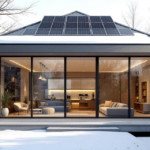 Moderner Wintergarten mit großflächigen Glasfronten, elegantem Interieur und Solarpanelen auf dem Dach, eingebettet in eine schneebedeckte Winterlandschaft, ideal für Wintergärten modernisieren.