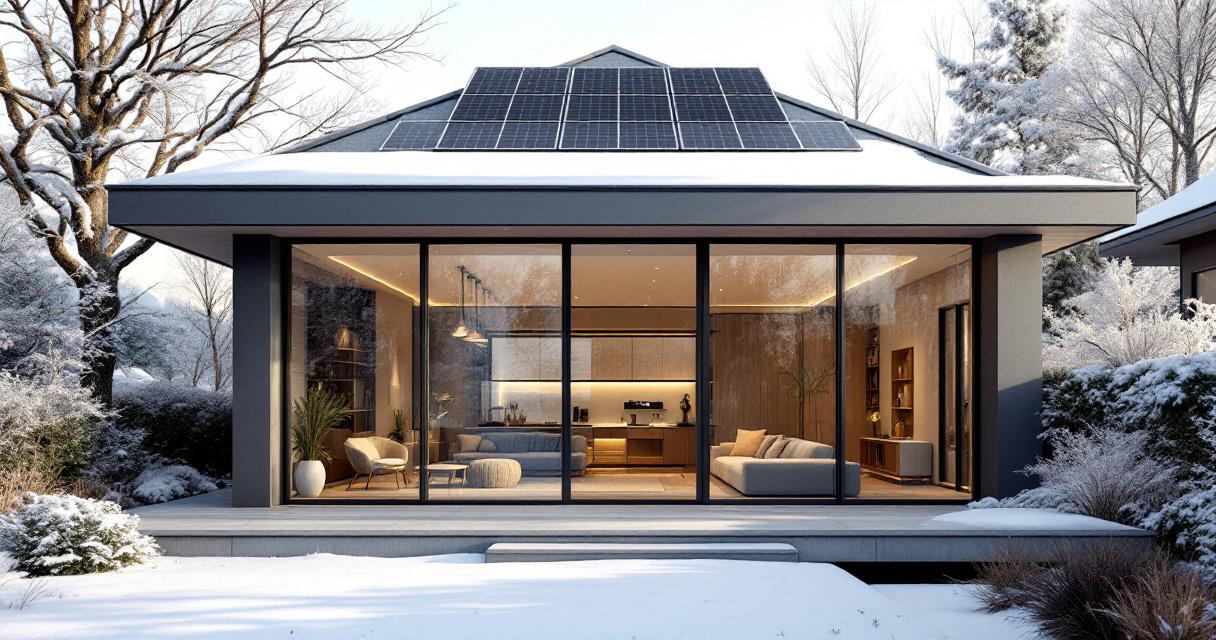 Moderner Wintergarten mit großflächigen Glasfronten, elegantem Interieur und Solarpanelen auf dem Dach, eingebettet in eine schneebedeckte Winterlandschaft, ideal für Wintergärten modernisieren.