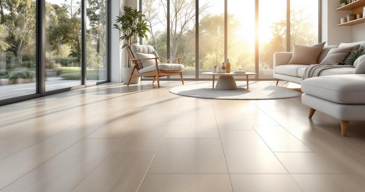 Hell gestaltetes Wohnzimmer mit großflächigen bodentiefen Fenstern, elegantem beigem Fliesenboden und modernem Interieur, das eine wohngesunde Fliesenverlegung unterstreicht.