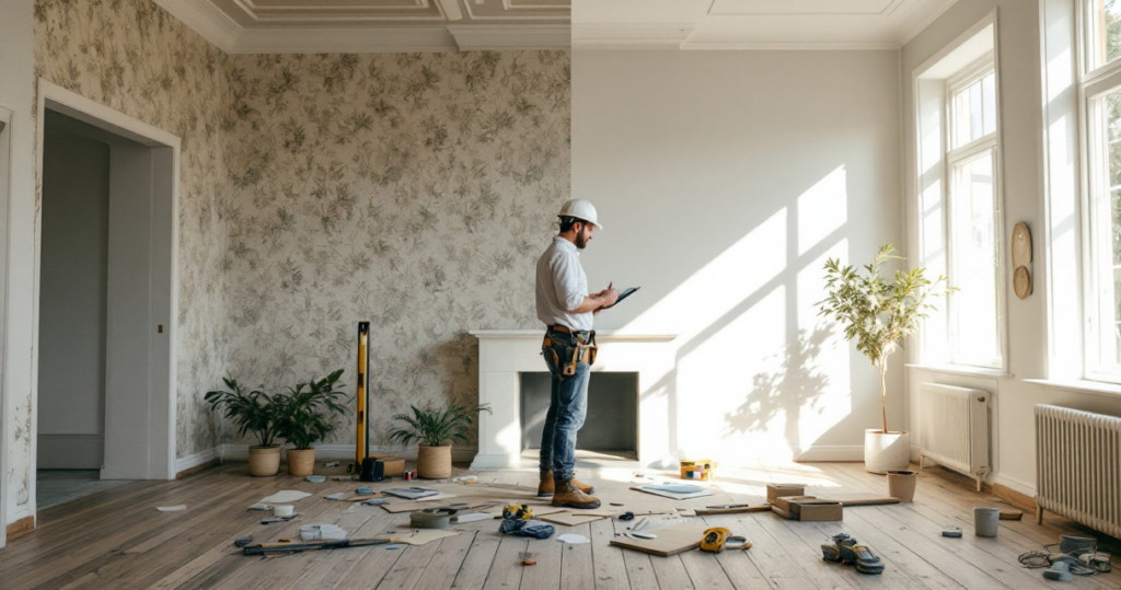 Ein Mann misst in einem hellen Raum mit noch unvollendeten Wänden, während er sich auf die Renovierung konzentriert. Auf einem Tisch sind verschiedene Werkzeuge und Materialien für das Wohnung oder Haus renovieren verteilt.