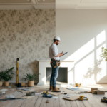 Ein Mann misst in einem hellen Raum mit noch unvollendeten Wänden, während er sich auf die Renovierung konzentriert. Auf einem Tisch sind verschiedene Werkzeuge und Materialien für das Wohnung oder Haus renovieren verteilt.