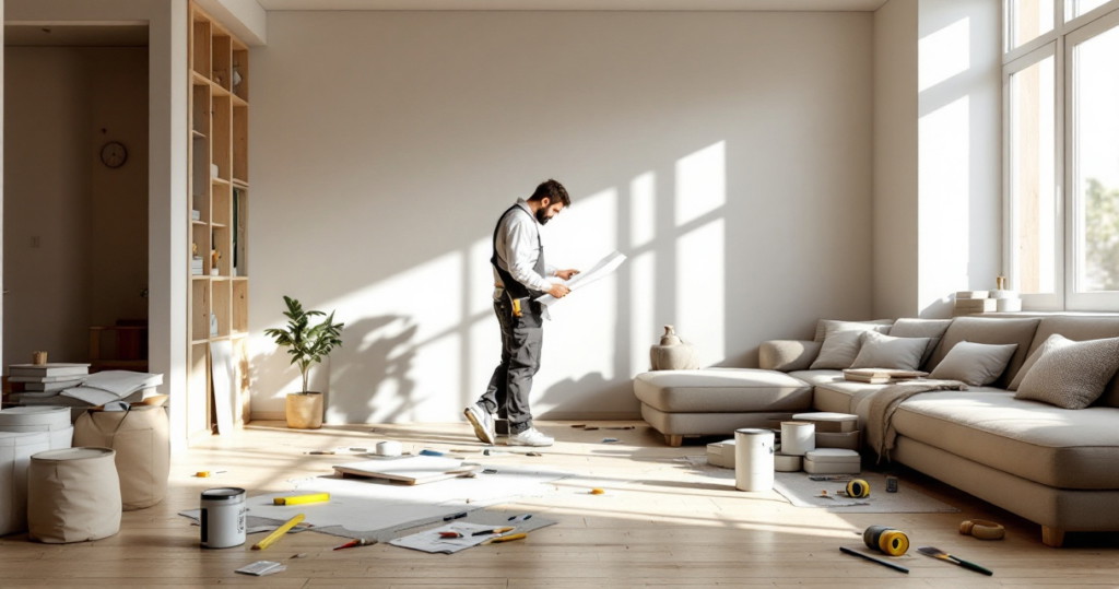 Ein Handwerker überprüft Baupläne in einem lichtdurchfluteten, modernen Wohnzimmer mit verstreuten Werkzeugen und Malerutensilien auf dem Boden während einer Wohnungsrenovierung.
