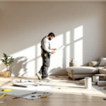 Ein Handwerker überprüft Baupläne in einem lichtdurchfluteten, modernen Wohnzimmer mit verstreuten Werkzeugen und Malerutensilien auf dem Boden während einer Wohnungsrenovierung.