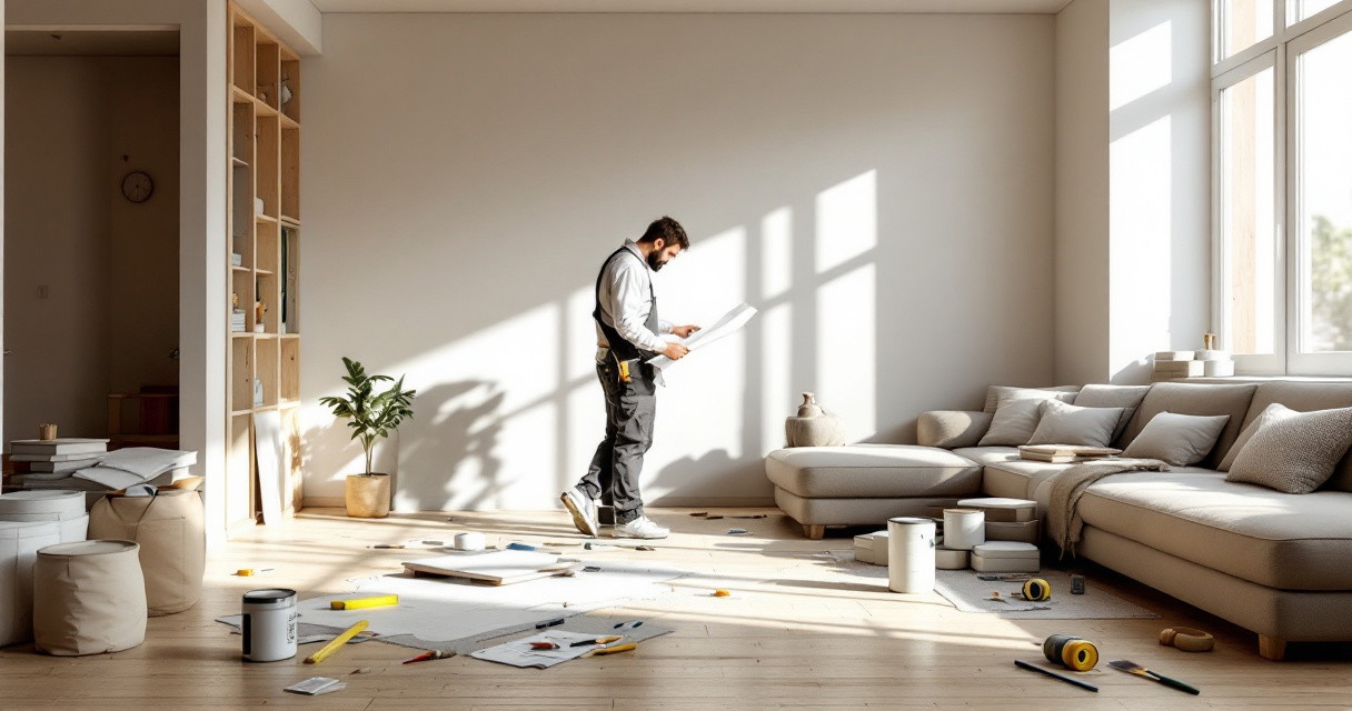 Ein Handwerker überprüft Baupläne in einem lichtdurchfluteten, modernen Wohnzimmer mit verstreuten Werkzeugen und Malerutensilien auf dem Boden während einer Wohnungsrenovierung.