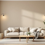 Helles, modern eingerichtetes Wohnzimmer mit beigem Sofa, Holztisch und grünen Pflanzen vor einer schlichten Wohnzimmer Akzentwand in warmem Beigeton, ergänzt durch dezente Wandlampen und Tageslicht von großen Fenstern.