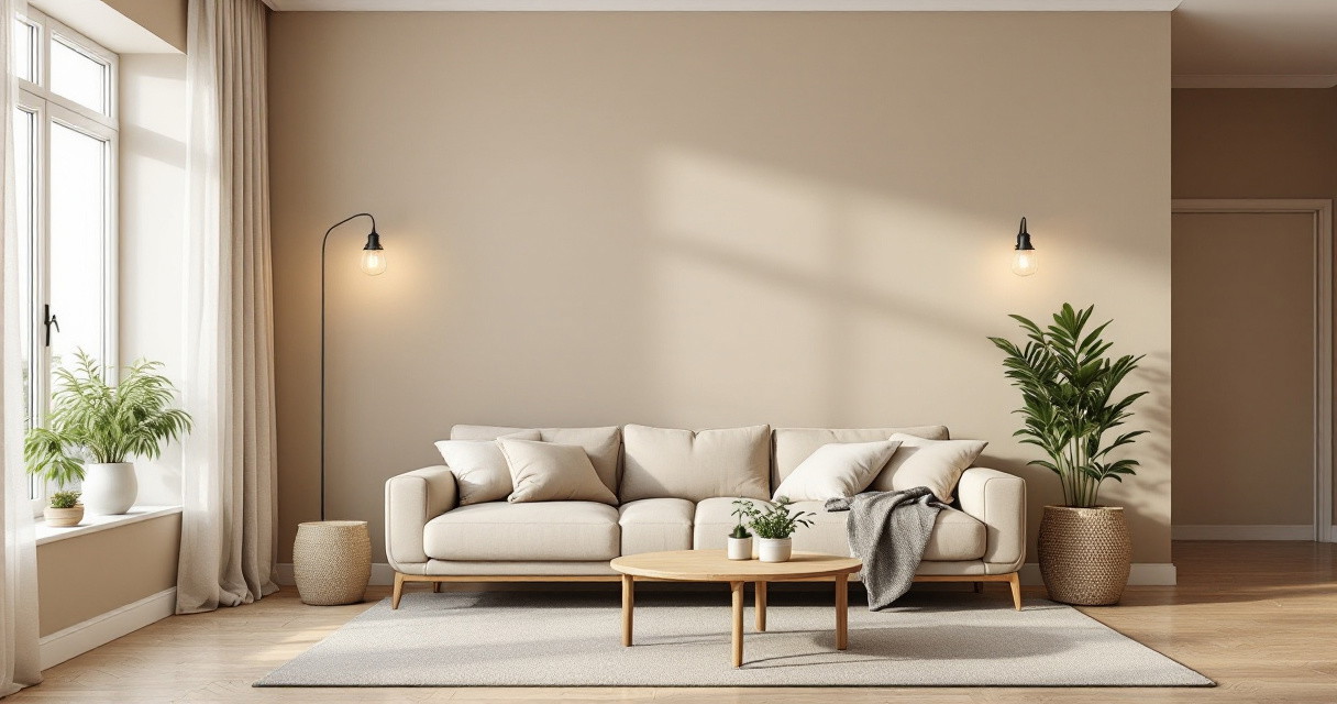 Helles, modern eingerichtetes Wohnzimmer mit beigem Sofa, Holztisch und grünen Pflanzen vor einer schlichten Wohnzimmer Akzentwand in warmem Beigeton, ergänzt durch dezente Wandlampen und Tageslicht von großen Fenstern.
