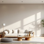 Helles, minimalistisches Wohnzimmer mit großzügigem Sofa, modernen Beistelltischen und großen Fenstern, die sanftes Tageslicht auf diese Wohnzimmer Akzentwand werfen.