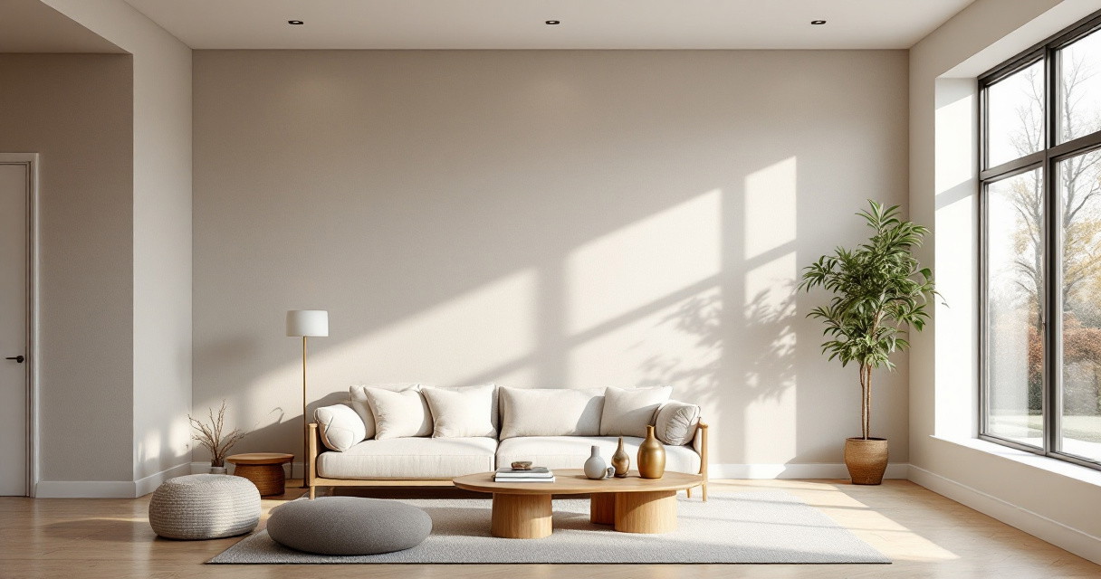 Helles, minimalistisches Wohnzimmer mit großzügigem Sofa, modernen Beistelltischen und großen Fenstern, die sanftes Tageslicht auf diese Wohnzimmer Akzentwand werfen.