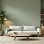 Helles, modern eingerichtetes Wohnzimmer mit einer beigen Couch vor einer in dezentem Grün gestrichenen Wohnzimmer Akzentwand, daneben eine Stehlampe und große grüne Pflanze, auf der rechten Seite minimalistische Holzregale mit Dekoration und Pflanzen, heller Holzboden und großer Fensterausschnitt für viel Tageslicht.