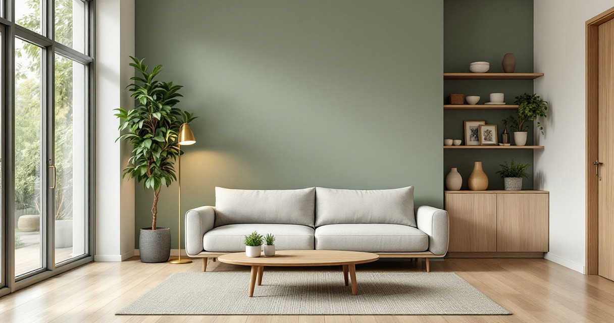 Helles, modern eingerichtetes Wohnzimmer mit einer beigen Couch vor einer in dezentem Grün gestrichenen Wohnzimmer Akzentwand, daneben eine Stehlampe und große grüne Pflanze, auf der rechten Seite minimalistische Holzregale mit Dekoration und Pflanzen, heller Holzboden und großer Fensterausschnitt für viel Tageslicht.
