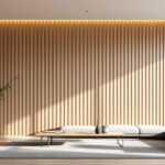 Modern eingerichtetes Wohnzimmer mit einer hellen, vertikal strukturierten Wohnzimmer Akzentwand aus Holzpaneelen, einem großen grauen Sofa, einem minimalistischen Holz-Couchtisch und einer dezenten Topfpflanze in einer weißen Vase, durchflutet von natürlichem Tageslicht durch großzügige Fensterflächen.