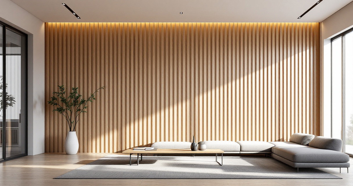 Modern eingerichtetes Wohnzimmer mit einer hellen, vertikal strukturierten Wohnzimmer Akzentwand aus Holzpaneelen, einem großen grauen Sofa, einem minimalistischen Holz-Couchtisch und einer dezenten Topfpflanze in einer weißen Vase, durchflutet von natürlichem Tageslicht durch großzügige Fensterflächen.