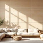 Helles und elegantes Wohnzimmer mit einer großen, hellen Sofa-Eckkombination und einem gemütlichen Sessel vor einer Wohnzimmer Akzentwand im warmen Beige, verziert mit minimalistischen Pflanzen und natürlichem Sonnenlicht.