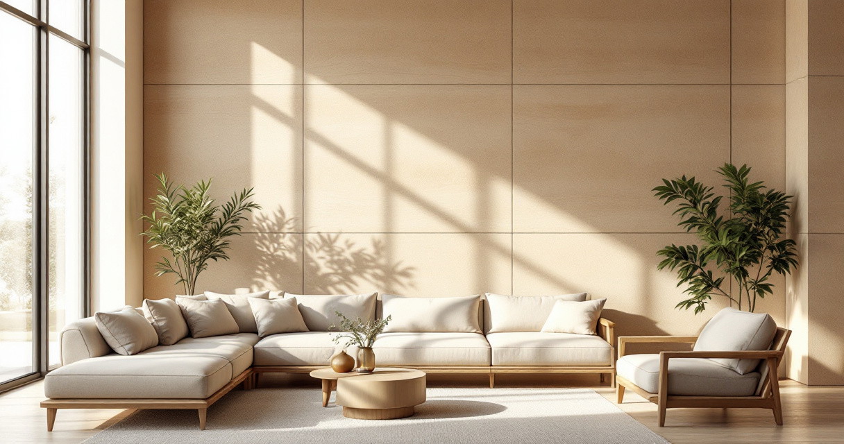 Helles und elegantes Wohnzimmer mit einer großen, hellen Sofa-Eckkombination und einem gemütlichen Sessel vor einer Wohnzimmer Akzentwand im warmen Beige, verziert mit minimalistischen Pflanzen und natürlichem Sonnenlicht.
