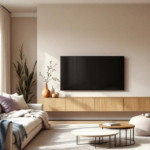 Modern eingerichtetes Wohnzimmer mit hellbeigen Wänden, großem Flachbildfernseher an der Wand und zwei komfortablen Sofas, die mit bunten Kissen und Decken dekoriert sind, im Fokus der Wohnzimmer Trendfarben Streichen.