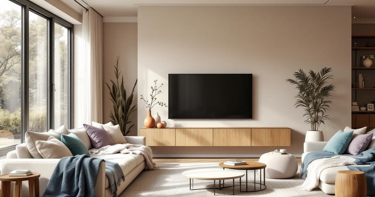Modern eingerichtetes Wohnzimmer mit hellbeigen Wänden, großem Flachbildfernseher an der Wand und zwei komfortablen Sofas, die mit bunten Kissen und Decken dekoriert sind, im Fokus der Wohnzimmer Trendfarben Streichen.