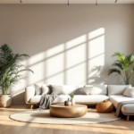 Helles und einladendes Wohnzimmer mit großen Fenstern, modernem cremefarbenem Ecksofa, natürlichen Holzelementen und grünen Zimmerpflanzen als Wohnzimmer Trendfarben 2025 präsentiert.