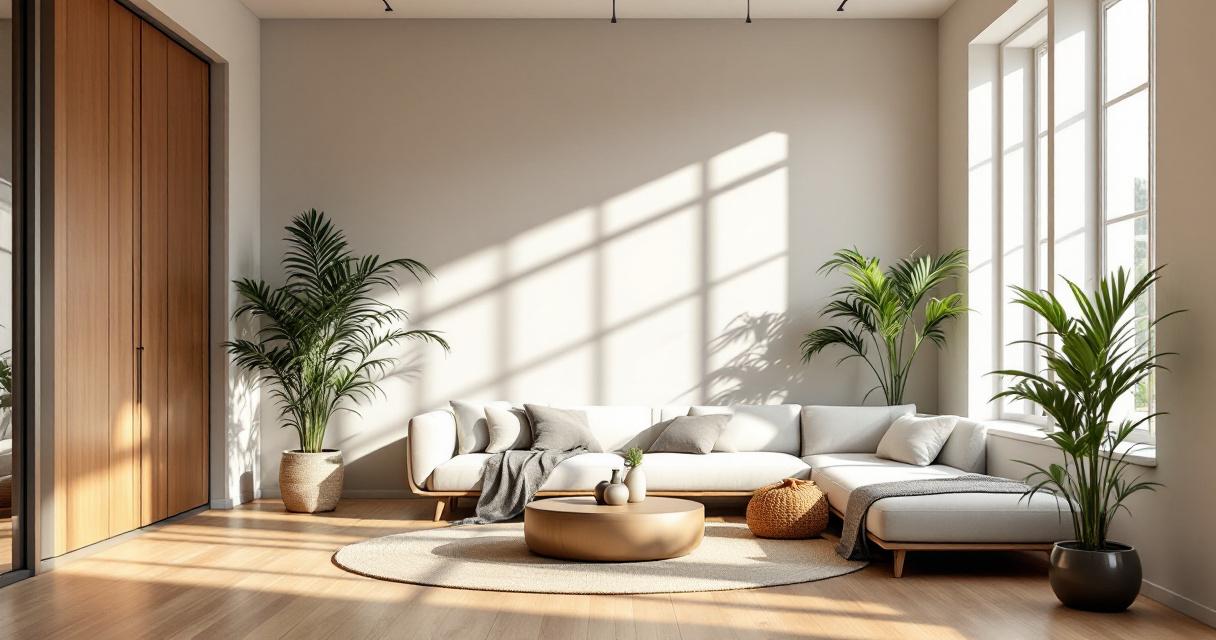 Helles und einladendes Wohnzimmer mit großen Fenstern, modernem cremefarbenem Ecksofa, natürlichen Holzelementen und grünen Zimmerpflanzen als Wohnzimmer Trendfarben 2025 präsentiert.