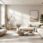 Helles und elegantes Wohnzimmer mit großen Fenstern, gemütlichen Sofas und dezenten Dekorationen wie Pflanzen und modernen Kunstwerken, ein Beispiel für stilvolle Wohnzimmergestaltung Ideen.