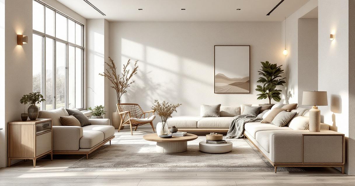Helles und elegantes Wohnzimmer mit großen Fenstern, gemütlichen Sofas und dezenten Dekorationen wie Pflanzen und modernen Kunstwerken, ein Beispiel für stilvolle Wohnzimmergestaltung Ideen.