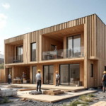 Mehrstöckiges Holzhaus im Bau mit mehreren Arbeitern und Baumaterialien auf der Baustelle im urbanen Umfeld, das ein Beispiel für modernes Zirkuläres Bauen darstellt.