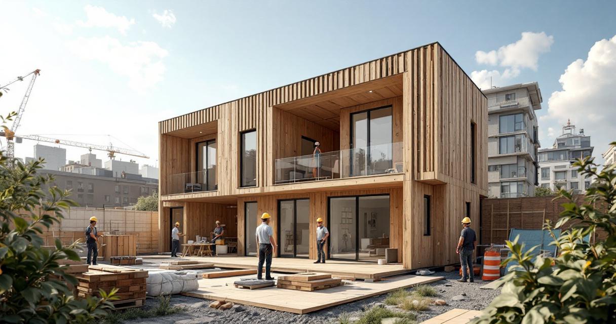 Mehrstöckiges Holzhaus im Bau mit mehreren Arbeitern und Baumaterialien auf der Baustelle im urbanen Umfeld, das ein Beispiel für modernes Zirkuläres Bauen darstellt.